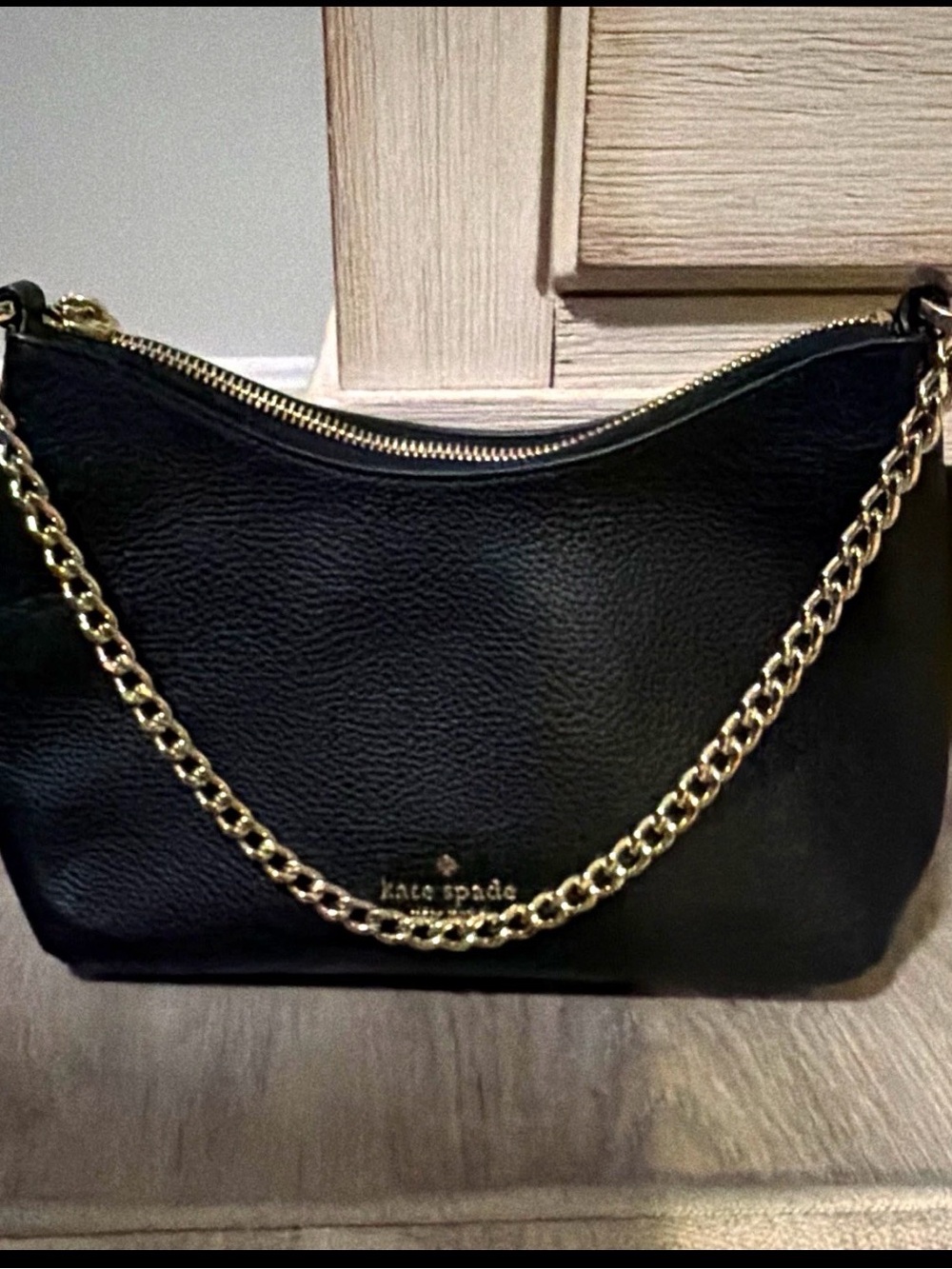 kate spade: Black Pebbled Crescent Crossbody Bag Ziptop with gold chain